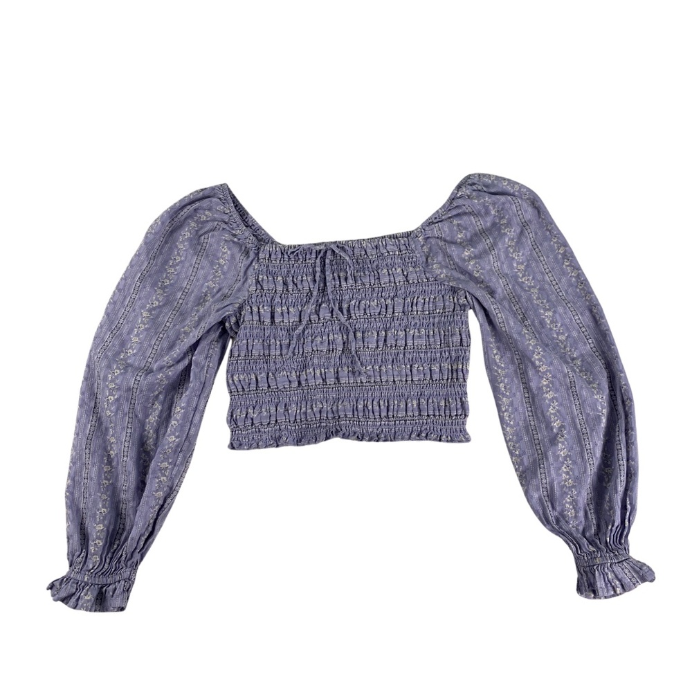 Y2K Smocked Puffed Sleeve Cropped Purple Floral Top American Eagle Women M Boho